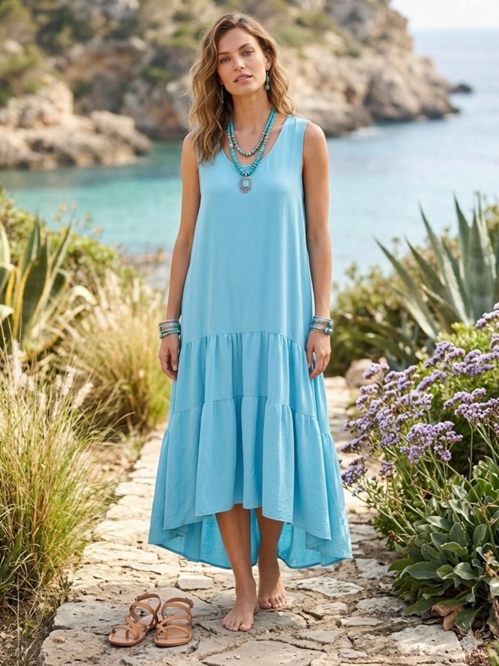 Ivy Jane Tiered High Low Hem Midi Dress Size XL Like New Turquoise Blue
